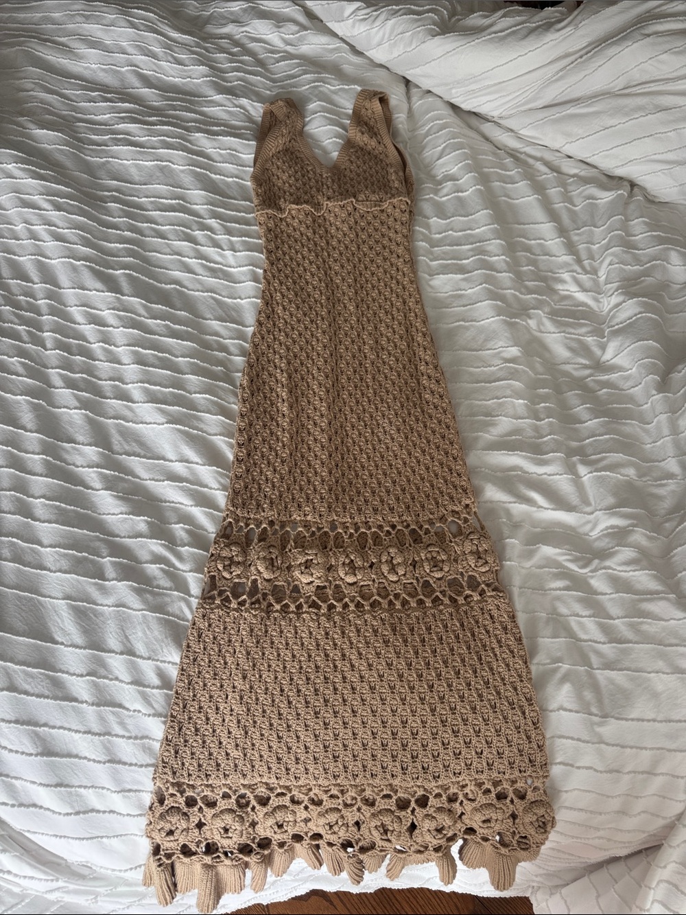 Sleeveless Crochet Knit Midi Dress in Tan